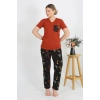 Moda Çizgi Kadın Kısa Kol Pamuk Penye Pijama Takım Kremit 4214