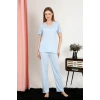 Moda Çizgi Kadın Kısa Kol Pamuk Penye Pijama Takım Mavi 4213