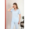 Moda Çizgi Kadın Kısa Kol Pamuk Penye Pijama Takım Mavi 4213