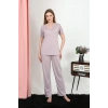 Moda Çizgi Kadın Kısa Kol Pamuk Penye Pijama Takım Pudra 4213