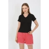 Moda Çizgi Kadın Kısa Kol Penye Şortlu Pijama Takım Siyah 3633