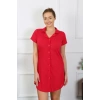 Moda Çizgi Kadın Pamuk Dokuma Kısa Kol Düğmeli Kırmızı Tunik Gecelik 13110