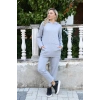 Moda Çizgi Kadın Pamuk Kapşonlu Cepli 3 İplik Gri Eşofman Takım 9037