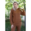 Moda Çizgi Kadın Pamuk Kapşonlu Cepli 3 İplik Kahve Eşofman Takım 9037