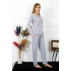 Moda Çizgi Kadın Pamuk Penye Önden Düğmeli Uzun Kol Gri Pijama Takım 2782