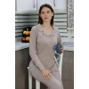 Moda Çizgi Kadın Pamuk Penye Önden Düğmeli Uzun Kol Pijama Takım Vizon 2783