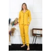 Moda Çizgi Kadın Pamuk Penye Önden Düğmeli Uzun Kol Sarı Pijama Takım 2782