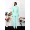 Moda Çizgi Kadın Pamuk Penye Önden Düğmeli Uzun Kol Su Yeşili Pijama Takım 2782