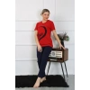 Moda Çizgi Kadın Pamuk Penye Sevgili Kombini Pijama Takımı Kırmızı 50128 Tek Takım Fiyatıdır