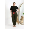 Moda Çizgi Kadın Pamuklu Büyük Beden Alt Pijama 27559 Haki