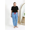 Moda Çizgi Kadın Pamuklu Büyük Beden Alt Pijama 27559 Mavi