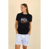 Moda Çizgi Kadın Şortlu Kısa Kol Penye Pijama Takımı Siyah 3624