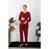 Moda Çizgi Kadın Uzun Kol Hamile Lohusa Pijama Takımı Bordo 45501