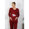Moda Çizgi Kadın Uzun Kol Hamile Lohusa Pijama Takımı Bordo 45501