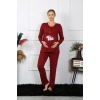 Moda Çizgi Kadın Uzun Kol Hamile Lohusa Pijama Takımı Bordo 45501