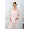 Moda Çizgi Kadın Uzun Kol Hamile Lohusa Pijama Takımı Pudra 45501