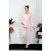 Moda Çizgi Kadın Uzun Kol Hamile Lohusa Pijama Takımı Pudra 45501