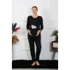 Moda Çizgi Kadın Uzun Kol Hamile Lohusa Pijama Takımı Siyah 45501
