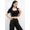 Moda Çizgi Kare Yaka Triko Crop Siyah
