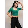 Moda Çizgi Kare Yaka Triko Crop Yeşil