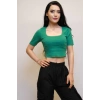 Moda Çizgi Kare Yaka Triko Crop Yeşil