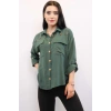 Moda Çizgi Pamuklu Keten Gömlek Zümrüt