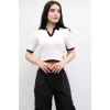 Moda Çizgi Renkli Yaka Triko Crop Beyaz