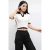 Moda Çizgi Renkli Yaka Triko Crop Beyaz