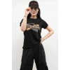 Moda Çizgi Shine Baskılı Tshirt Siyah