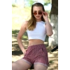 Moda Çizgi Şort Crop Bordo Takım 26550
