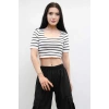 Moda Çizgi Triko Crop Çizgili  Beyaz