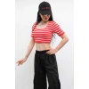 Moda Çizgi Triko Crop Çizgili Kırmızı