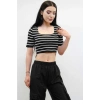 Moda Çizgi Triko Crop Çizgili Siyah