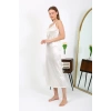 Moda Çizgi Yırtmaçlı Uzun Saten Gecelik Ekru 7410