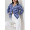 Pamuk Polyester Çizgili Oversize Gömlek Koyumavi1 - 51052.147.