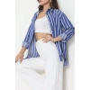 Pamuk Polyester Çizgili Oversize Gömlek Koyumavi1 - 51052.147.