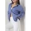 Pamuk Polyester Çizgili Oversize Gömlek Koyumavibeyaz - 51052.147.