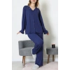 Ring Viskon Düğmeli Pijama Takımı Lacivert - 52201.1961.