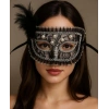 Siyah Renk Yandan Tüylü İnci İşlemeli Taşlı Dantelli Parti Maskesi 17x12 Cm