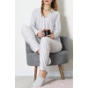 Süet Düğmeli Pijama Takımı Griçizgili - 52199.1783.