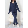 Süet Düğmeli Pijama Takımı Lacivert - 52179.2124.