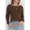 Taş Detay Kayık Yaka Bluz Acıkahve - 4129.1247.