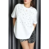 Taşlı Örme Oversize Tişört Beyaz - 50551.444.
