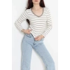 V Yaka Çizgili Kaşkorse Body Beyazkahve - 70763.1748.