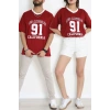 V Yaka Oversize 2 İplik Forma Tişört Bordo - 88105.1878.