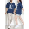 V Yaka Oversize 2 İplik Forma Tişört İndigo - 88105.1878.