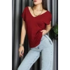 V Yakalı Arkadan Kurdele Detaylı Viskon Bluz Bordo - 87152.1256.