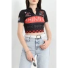 Yarım Fermuar Baskılı Crop Body Siyah - 70548.1856.