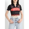 Yarım Fermuar Baskılı Crop Body Siyah - 70548.1856.