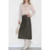 Yıkama Efektli Uzun Deri Etek Avcıyeşili - 40906.444.